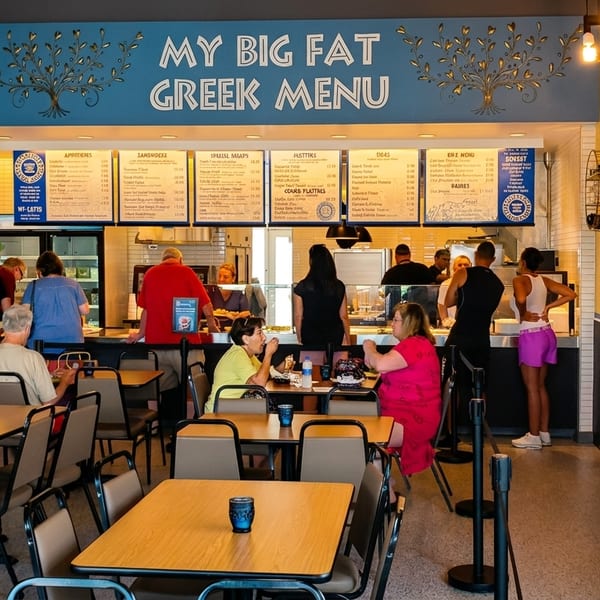 Customers dining and ordering at a casual Greek restaurant with "MY BIG FAT GREEK MENU" signage.