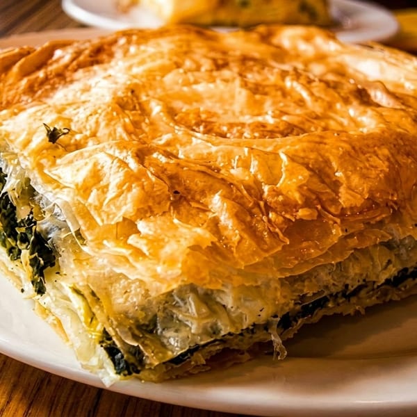 Golden, flaky pastry slice filled with spinach and cheese on a white plate.