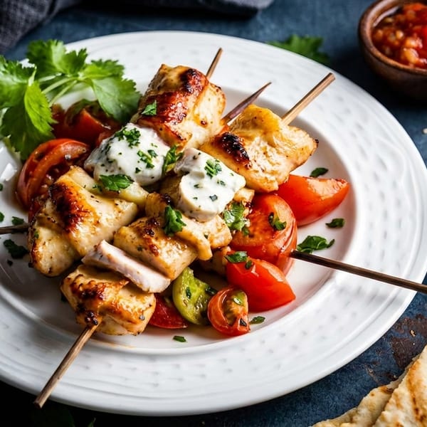 Grilled chicken skewers with tomatoes, herbs, and creamy sauce, accompanied by dips and flatbread.